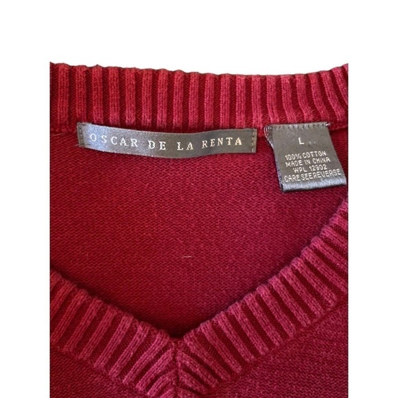 Oscar De La Renta Sweater Diamond Pattern Red Mens Large Cotton V Neck - Picture 5 of 7